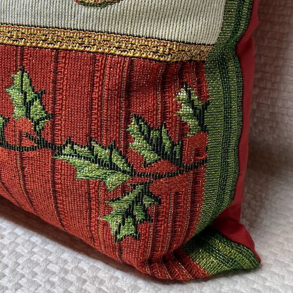 Burlap/Cotton Accent Throw Pillow "Seasons Greetings" Cross Stitch 15" Holiday - Picture 2 of 6